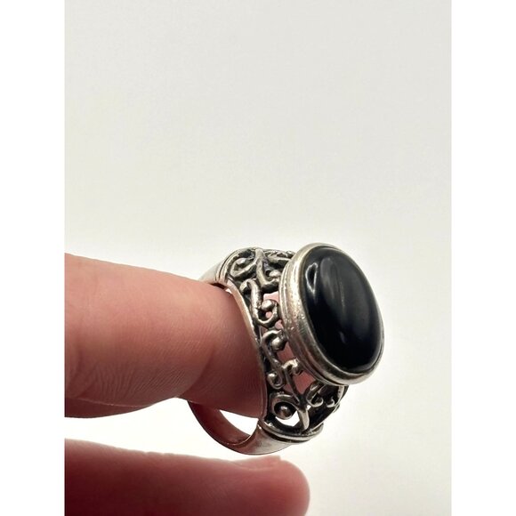 Black Onyx 925 Sterling Silver Filigree Ring Size 7.5 - Picture 7 of 11